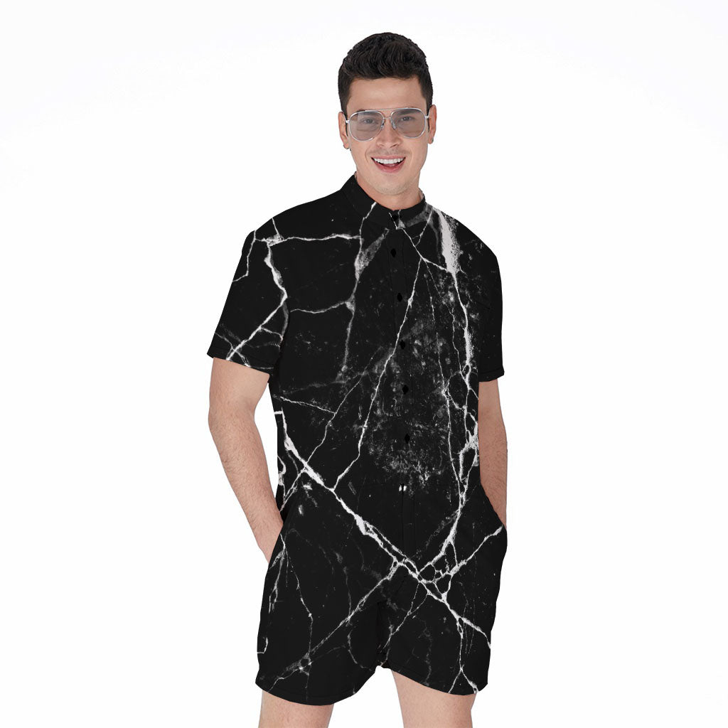 Black White Natural Marble Print Men's Rompers