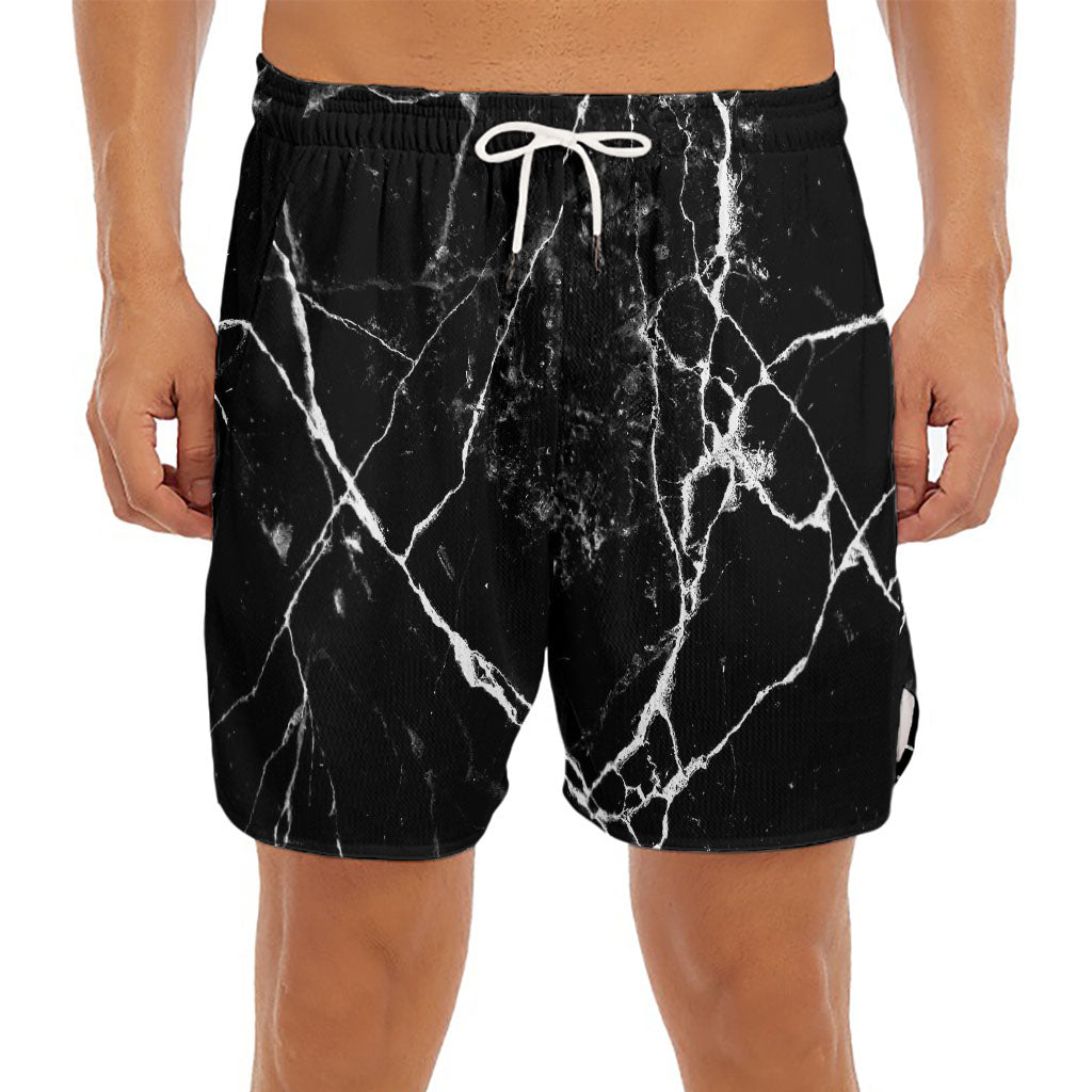 Black White Natural Marble Print Men's Split Running Shorts