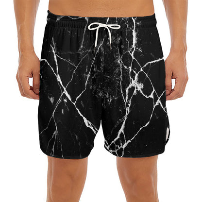 Black White Natural Marble Print Men's Split Running Shorts