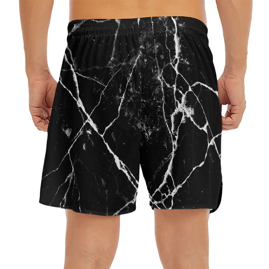 Black White Natural Marble Print Men's Split Running Shorts