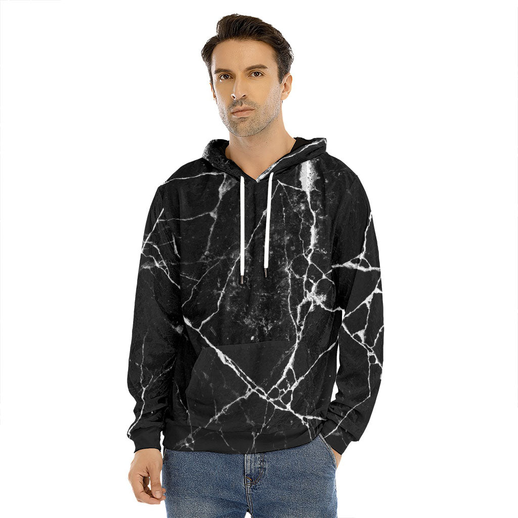 Black White Natural Marble Print Men's Velvet Pullover Hoodie