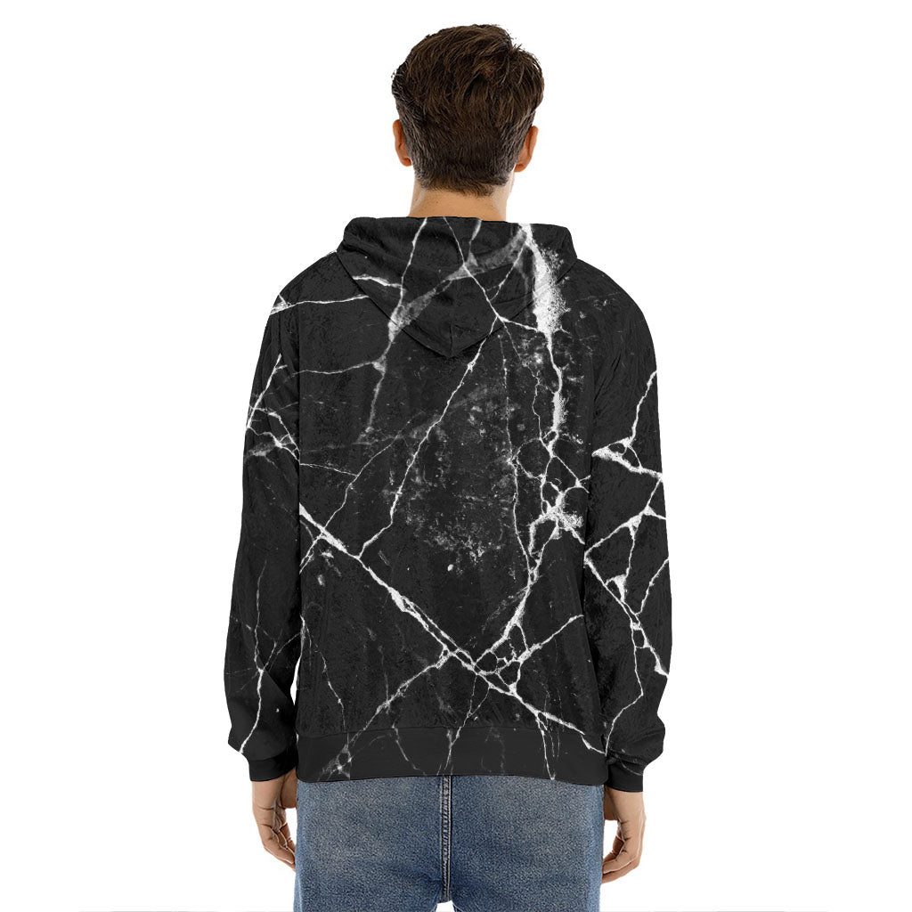 Black White Natural Marble Print Men's Velvet Pullover Hoodie
