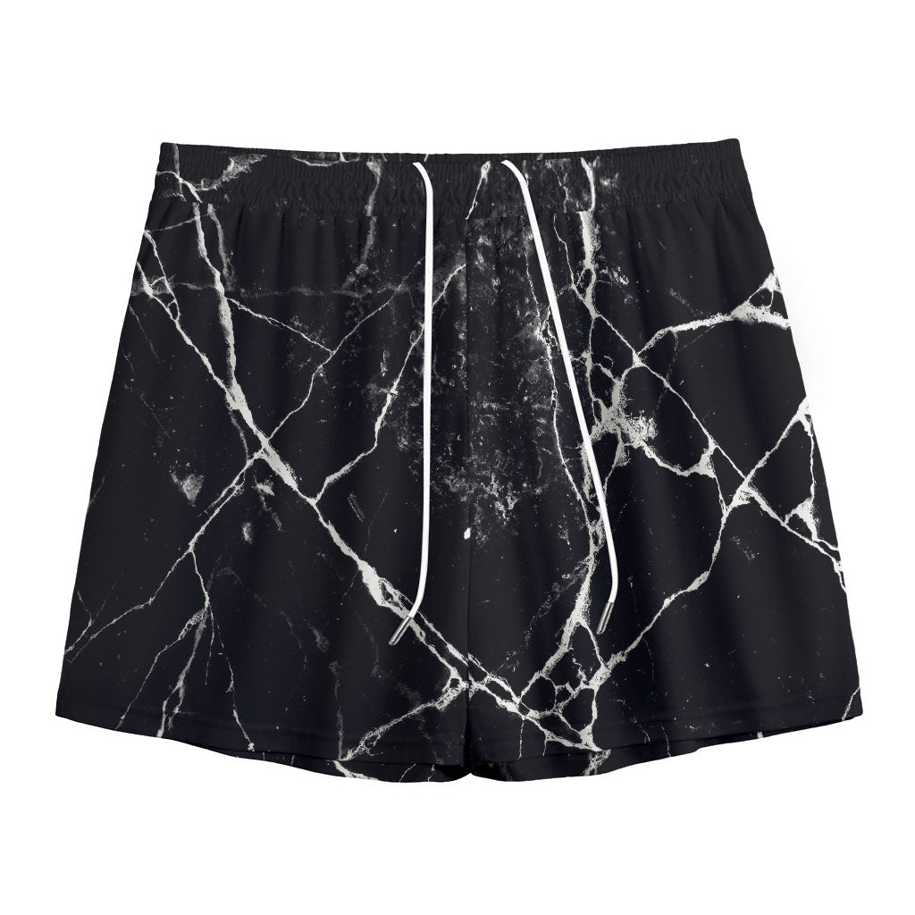 Black White Natural Marble Print Mesh Shorts