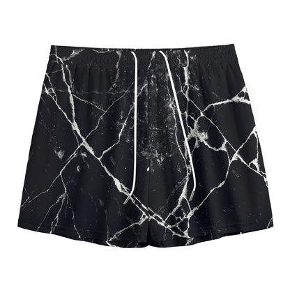 Black White Natural Marble Print Mesh Shorts