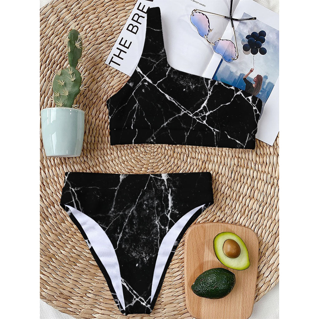 Black White Natural Marble Print One Shoulder Bikini Top