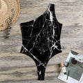 Black White Natural Marble Print One Shoulder Bodysuit