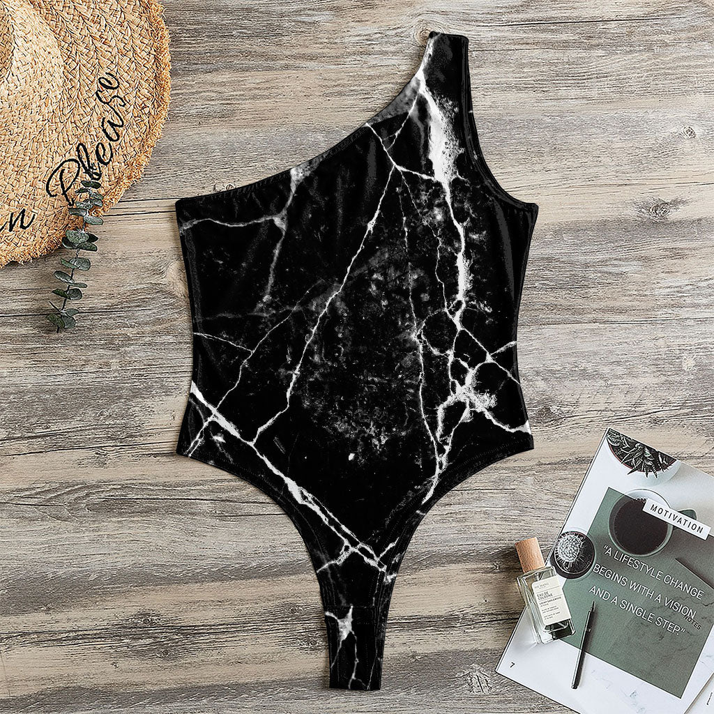 Black White Natural Marble Print One Shoulder Bodysuit