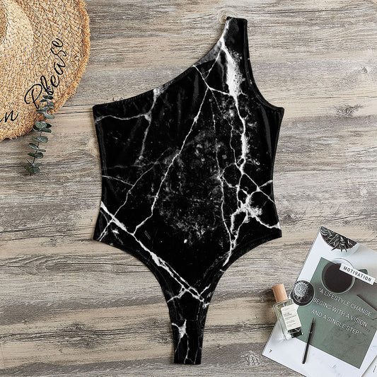 Black White Natural Marble Print One Shoulder Bodysuit