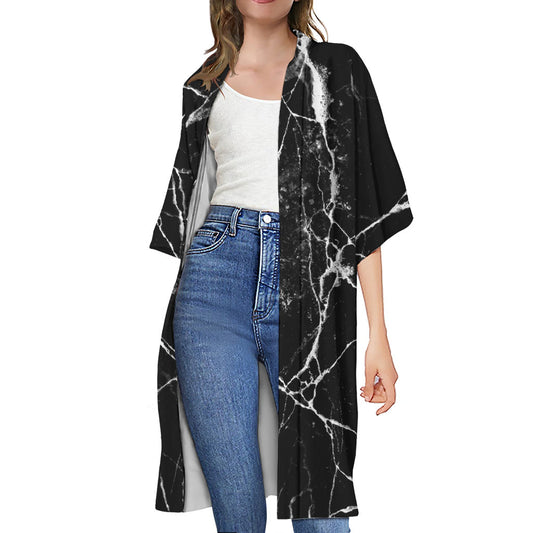 Black White Natural Marble Print Open Front Beach Cover Up
