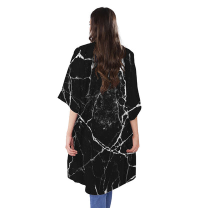 Black White Natural Marble Print Open Front Beach Cover Up