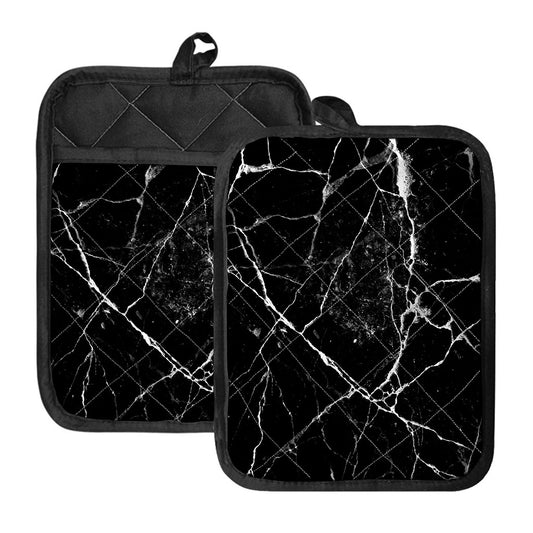 Black White Natural Marble Print Pot Holders With Pocket