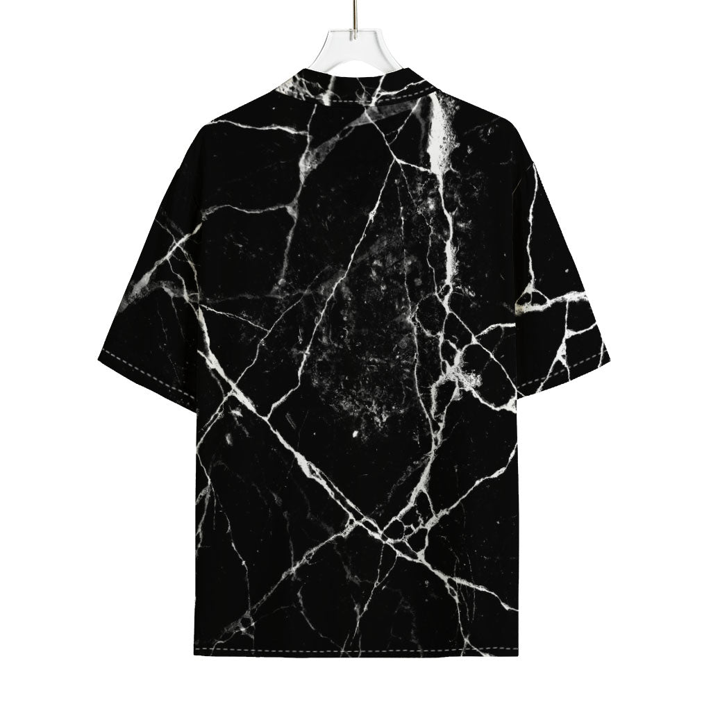 Black White Natural Marble Print Rayon Hawaiian Shirt