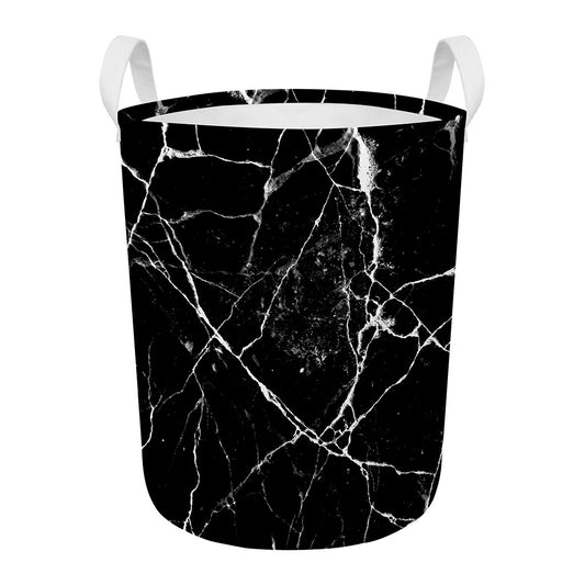 Black White Natural Marble Print Round Laundry Basket