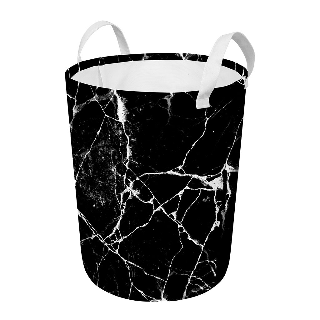 Black White Natural Marble Print Round Laundry Basket