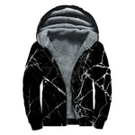 Black White Natural Marble Print Sherpa Lined Zip Up Hoodie