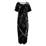Black White Natural Marble Print Short Sleeve Long Nightdress