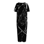 Black White Natural Marble Print Short Sleeve Long Nightdress