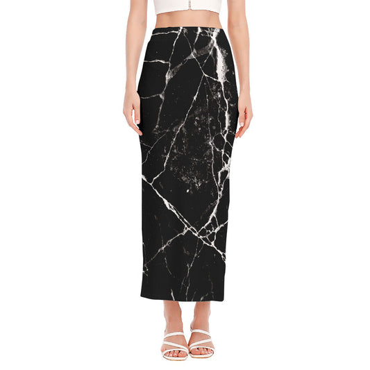 Black White Natural Marble Print Side Slit Maxi Skirt