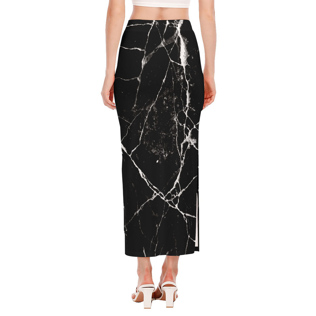 Black White Natural Marble Print Side Slit Maxi Skirt