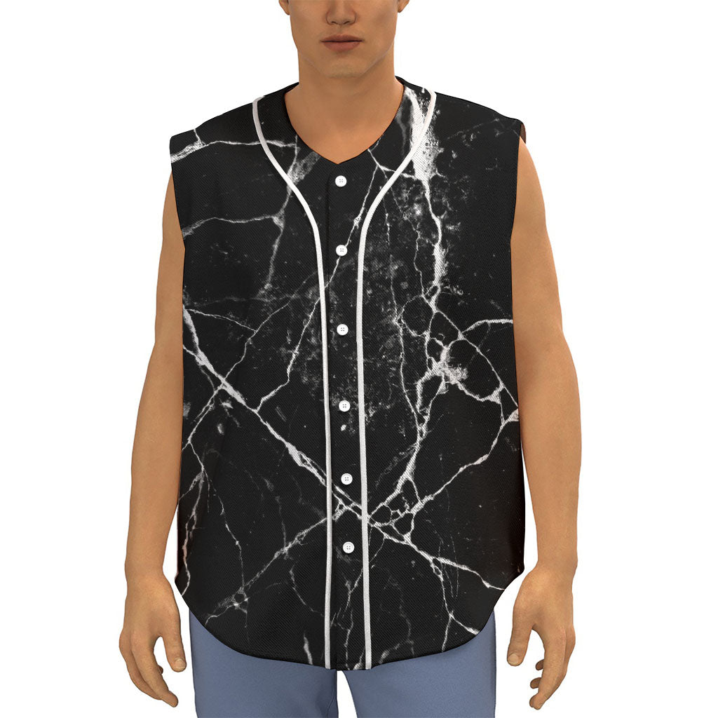 Black White Natural Marble Print Sleeveless Baseball Jersey