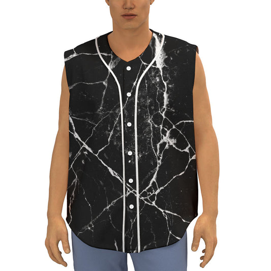 Black White Natural Marble Print Sleeveless Baseball Jersey