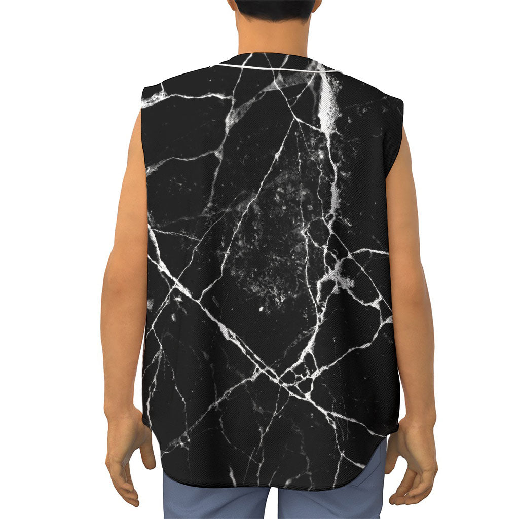 Black White Natural Marble Print Sleeveless Baseball Jersey