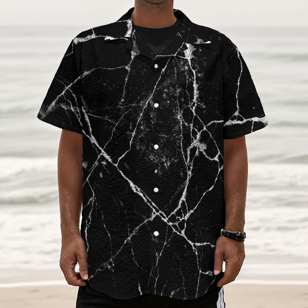 Black White Natural Marble Print Textured Short Sleeve Shirt