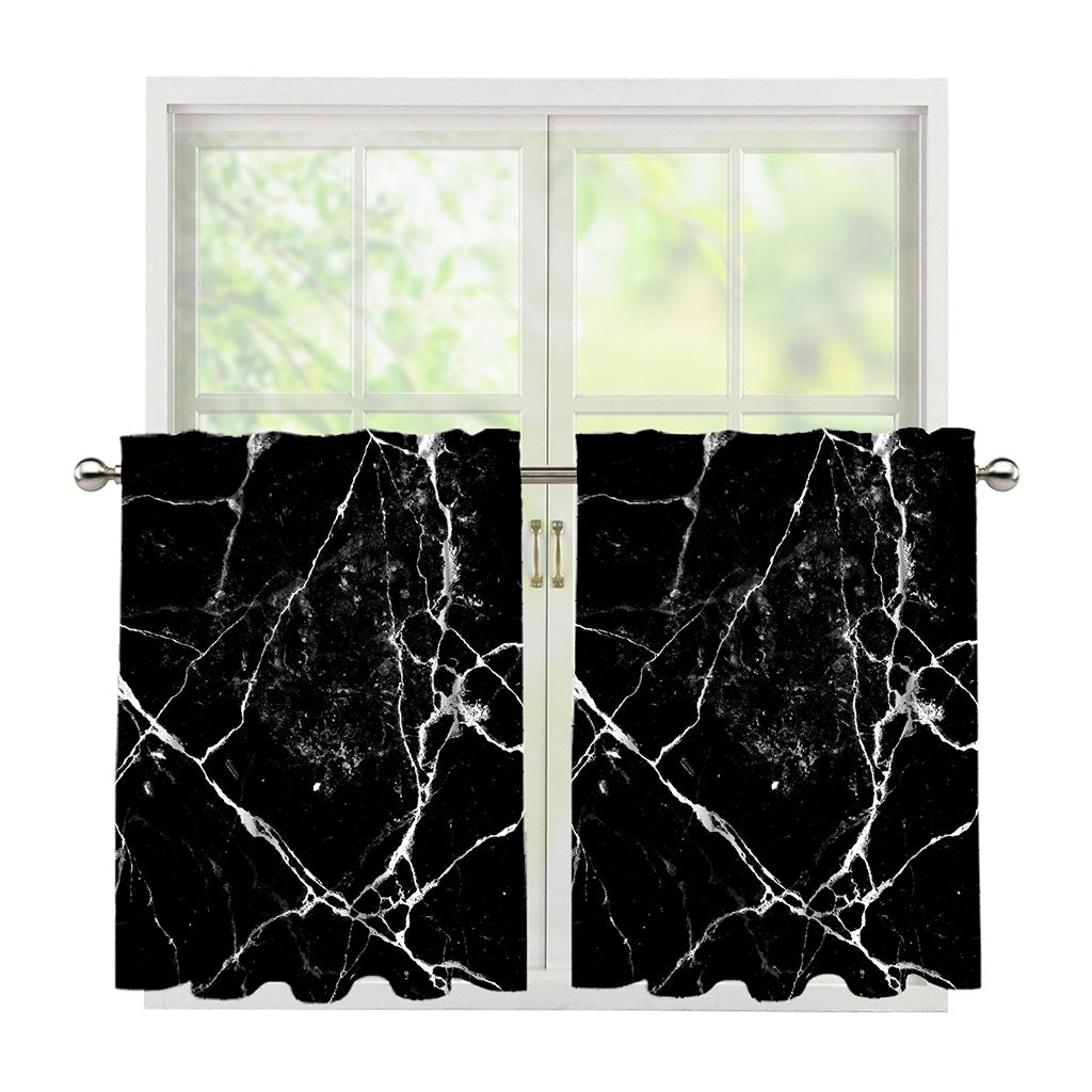 Black White Natural Marble Print Tier Curtains