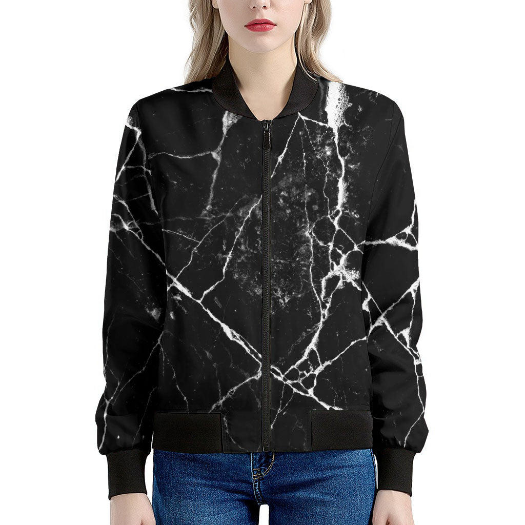 Black White Natural Marble Print Women's Bomber Jacket