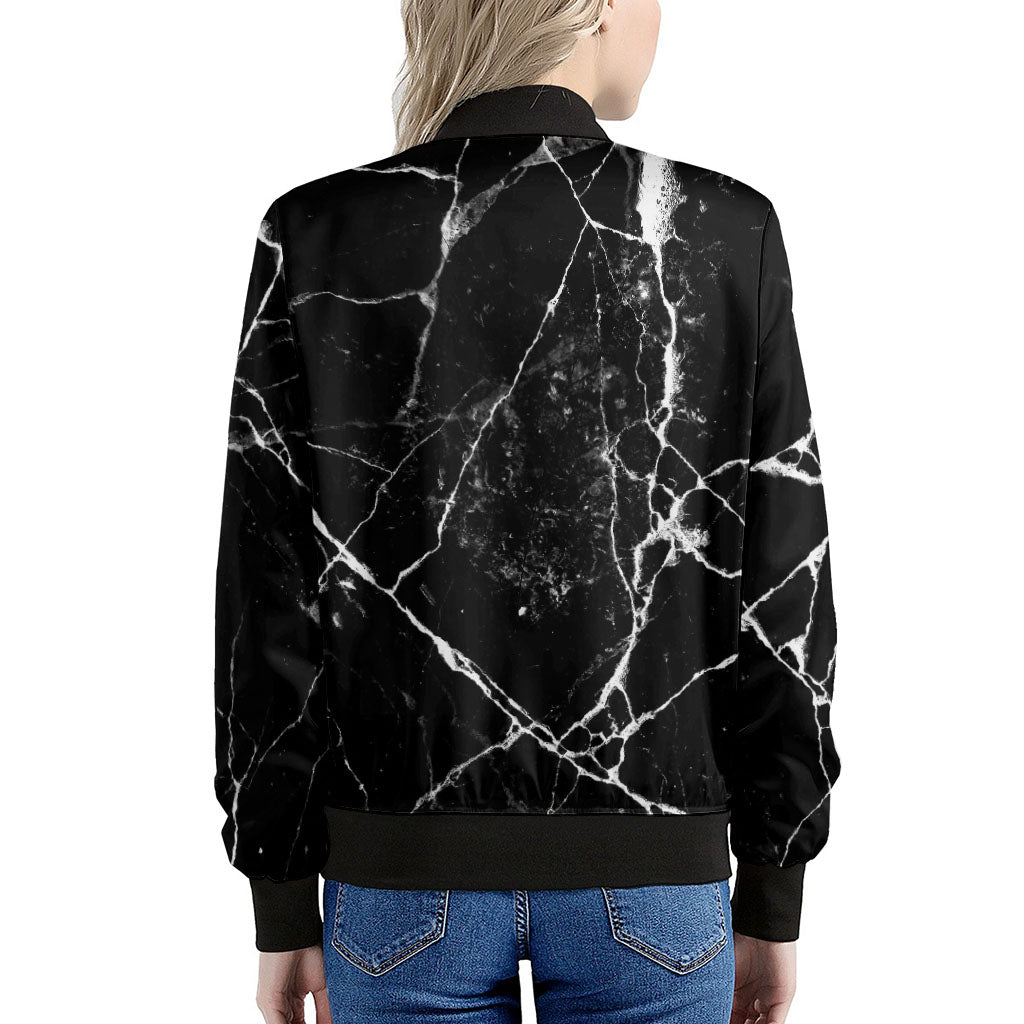 Black White Natural Marble Print Women's Bomber Jacket