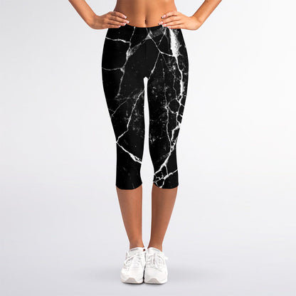 Black White Natural Marble Print Women's Capri Leggings