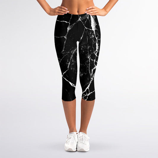 Black White Natural Marble Print Women's Capri Leggings
