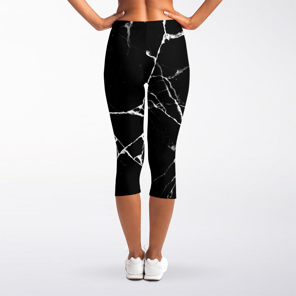 Black White Natural Marble Print Women's Capri Leggings