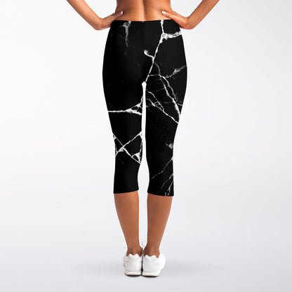 Black White Natural Marble Print Women's Capri Leggings