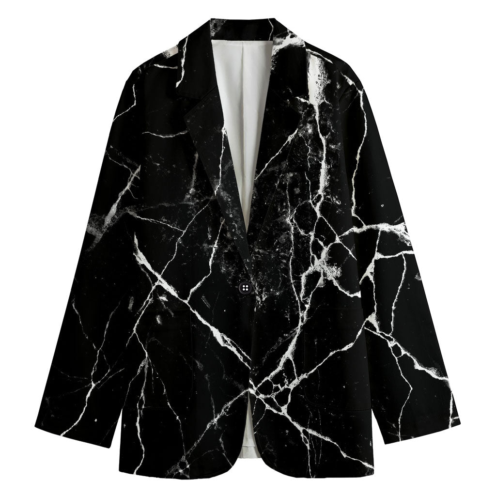 Black White Natural Marble Print Women's Cotton Blazer