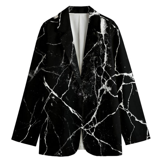 Black White Natural Marble Print Women's Cotton Blazer