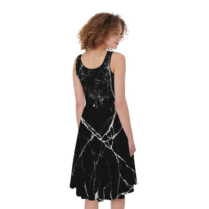 Black White Natural Marble Print Women's Sleeveless Dress