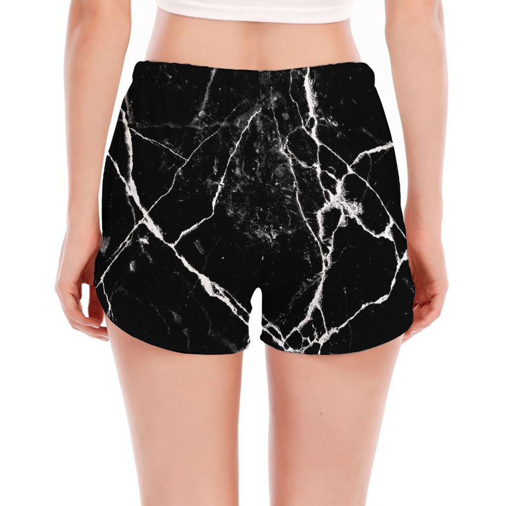 Black White Natural Marble Print Women's Split Running Shorts