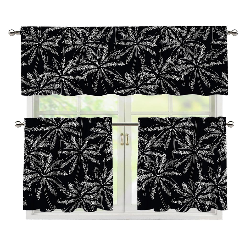 Black White Palm Tree Pattern Print 3 Piece Kitchen Curtains