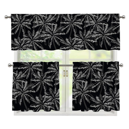 Black White Palm Tree Pattern Print 3 Piece Kitchen Curtains