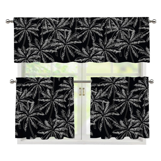 Black White Palm Tree Pattern Print 3 Piece Kitchen Curtains