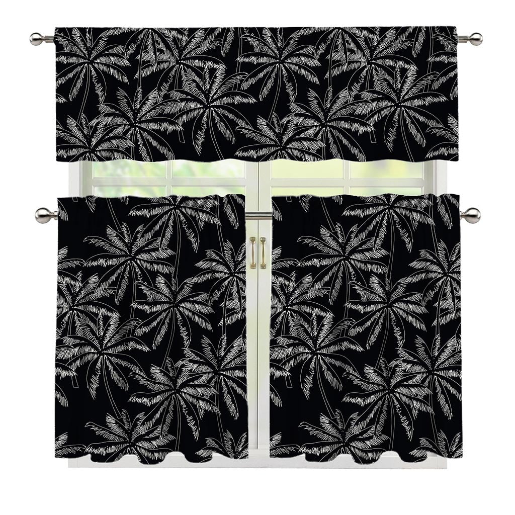 Black White Palm Tree Pattern Print 3 Piece Kitchen Curtains