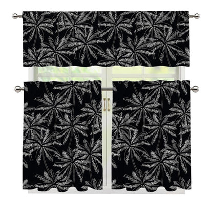 Black White Palm Tree Pattern Print 3 Piece Kitchen Curtains