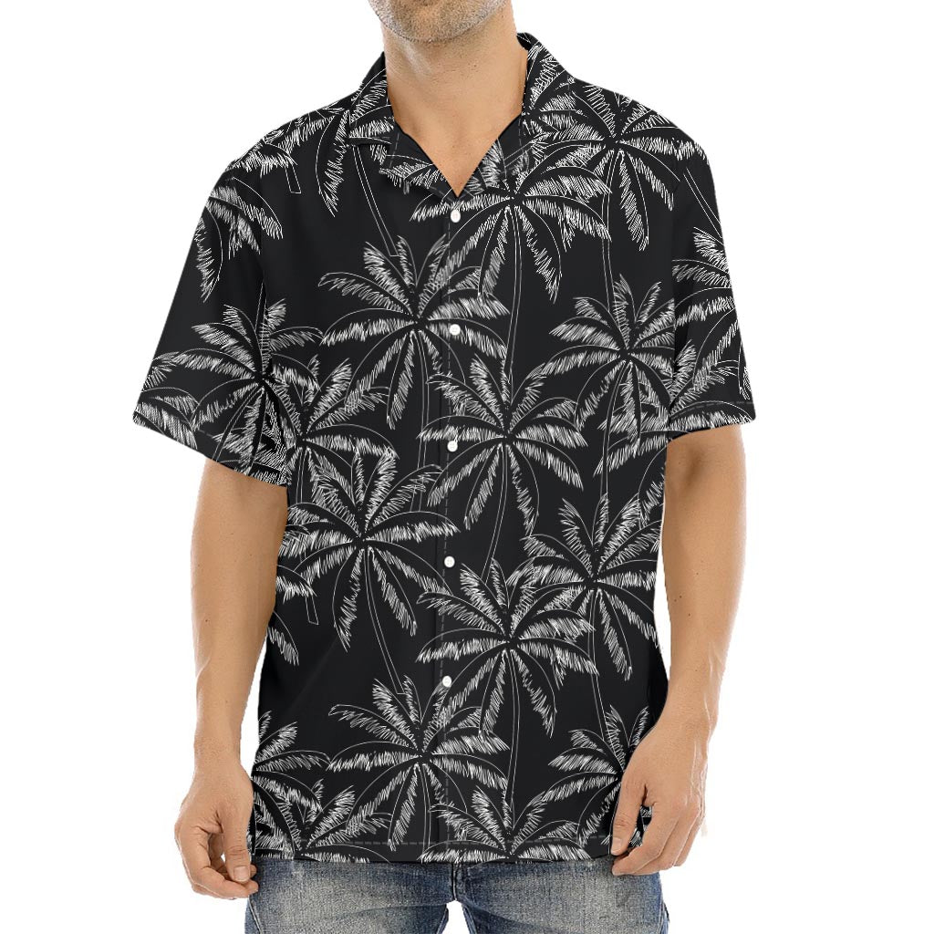 Black White Palm Tree Pattern Print Aloha Shirt