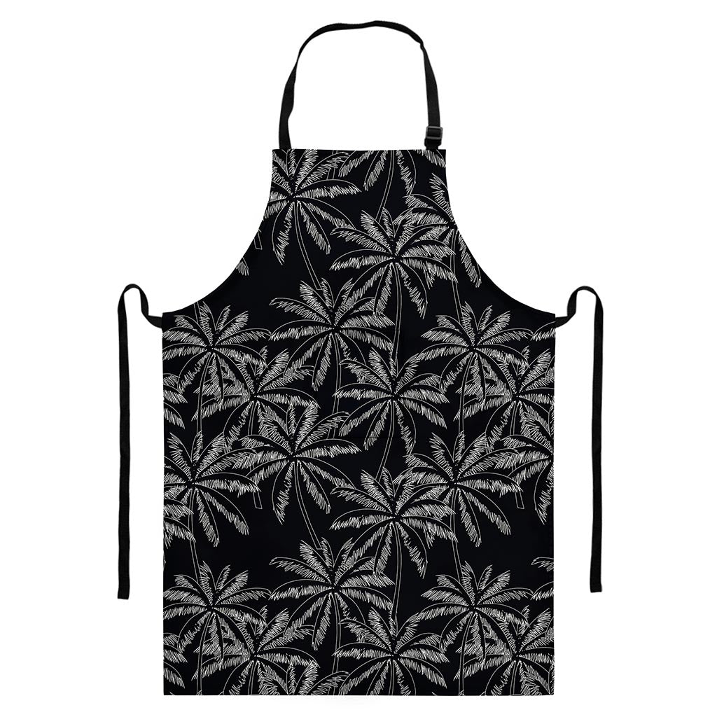 Black White Palm Tree Pattern Print Bib Apron With Pocket