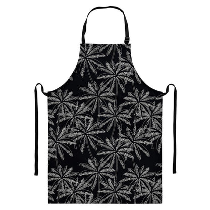 Black White Palm Tree Pattern Print Bib Apron With Pocket