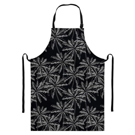 Black White Palm Tree Pattern Print Bib Apron With Pocket