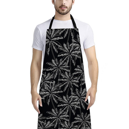Black White Palm Tree Pattern Print Bib Apron With Pocket