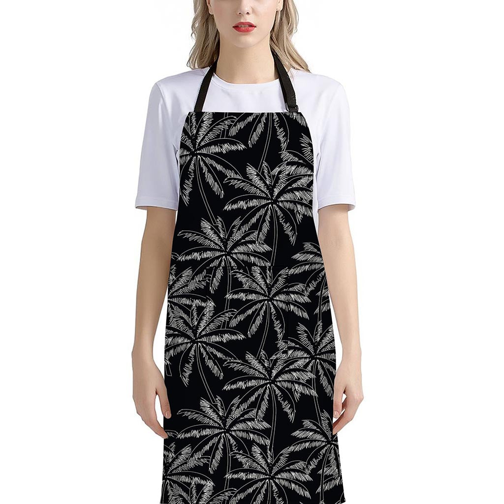 Black White Palm Tree Pattern Print Bib Apron With Pocket