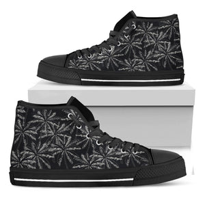 Black White Palm Tree Pattern Print Black High Top Sneakers